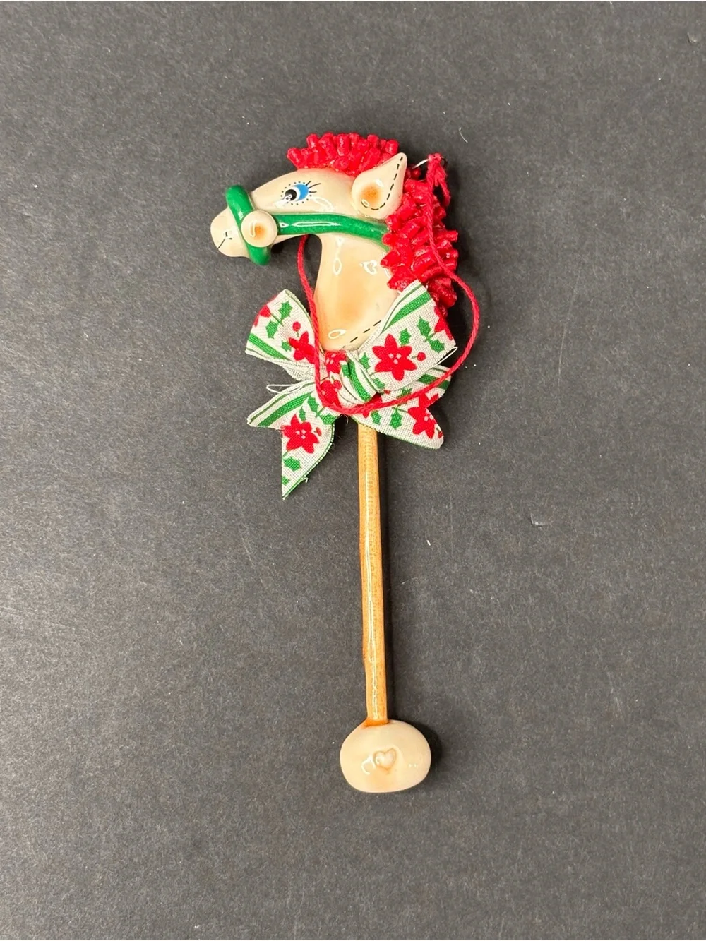 Vintage Salt Dough Christmas Ornament Hand Made Stick Horse With Bow 4.5”
